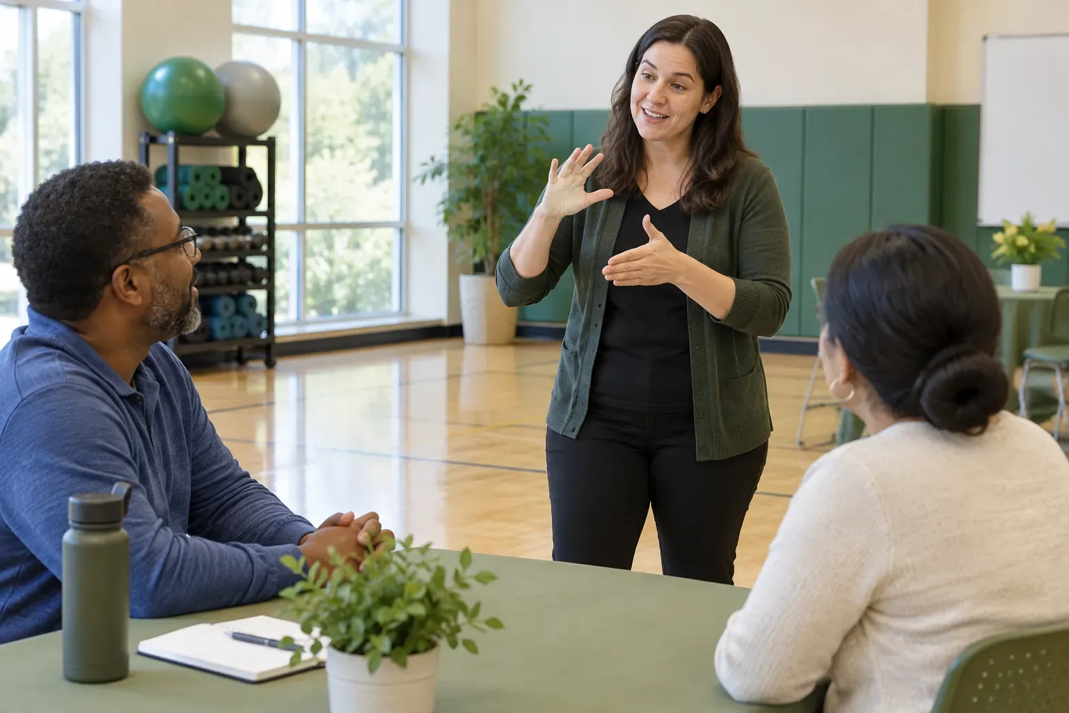 A professional interpreter standing in a well lit indoor community center gym while sign language is exchanged during a workshop.