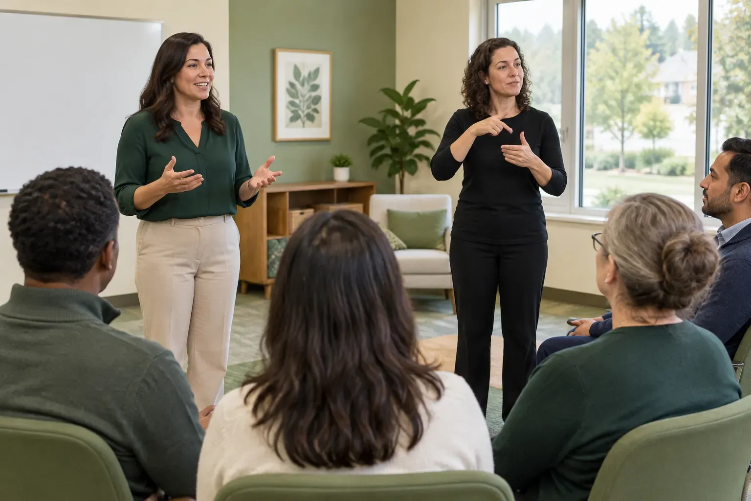 A person receiving ASL interpretation services during a group meeting held in a flexible neighborhood facility space.