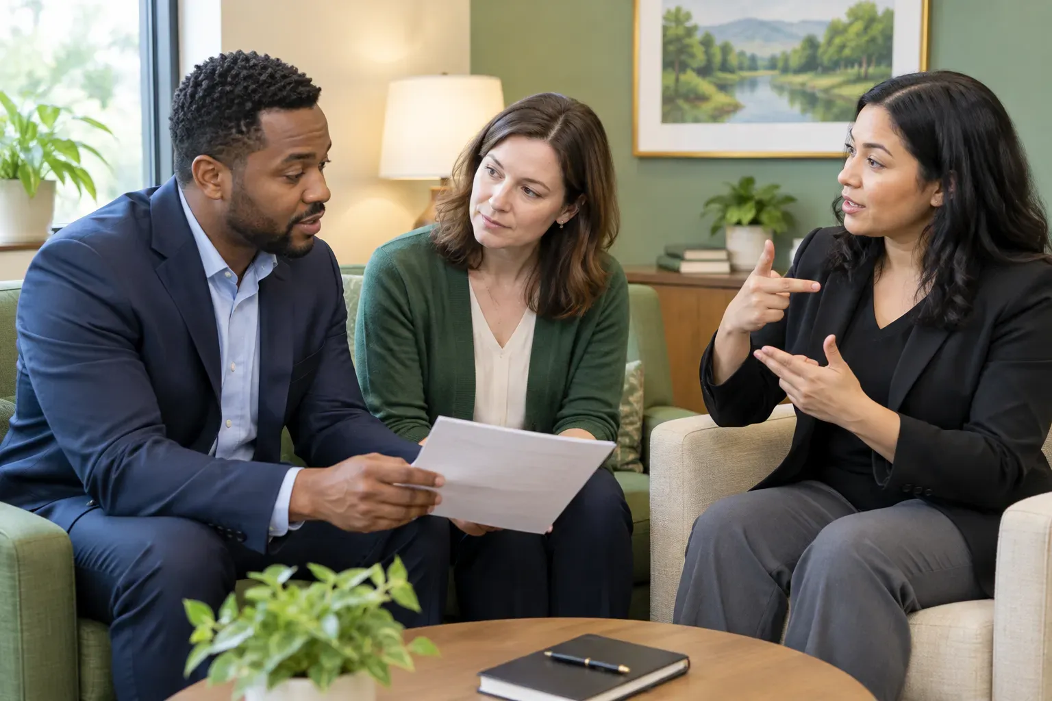 A professional individual consulting with an interpreter in a well lit office environment.