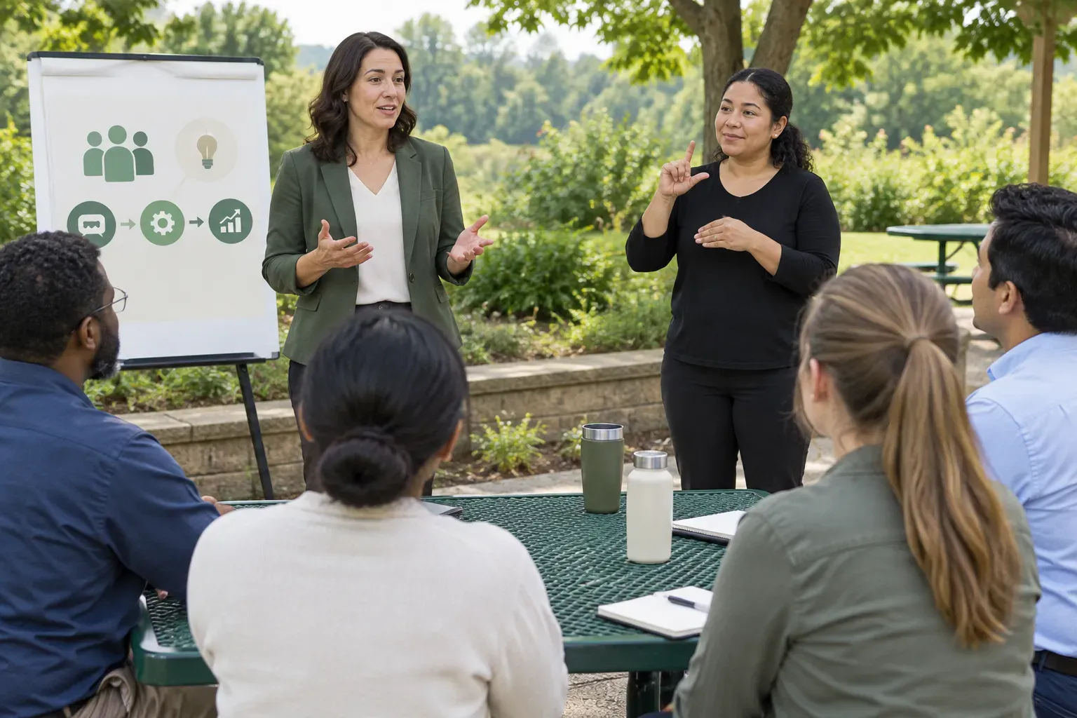Colleagues gathered for a business briefing at an outdoor picnic area.