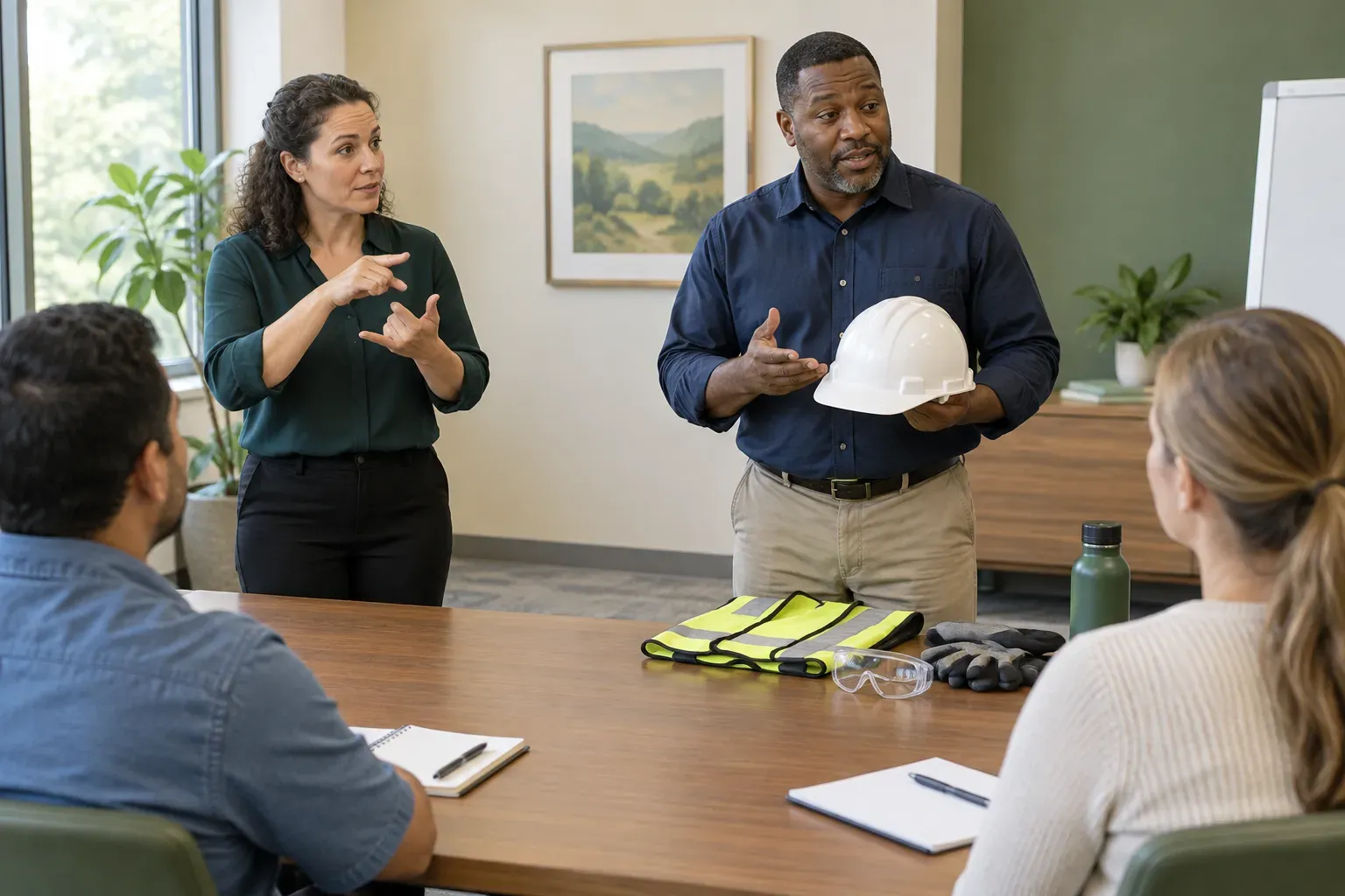 Professional interpreter standing beside a safety training instructor in a quiet indoor meeting room