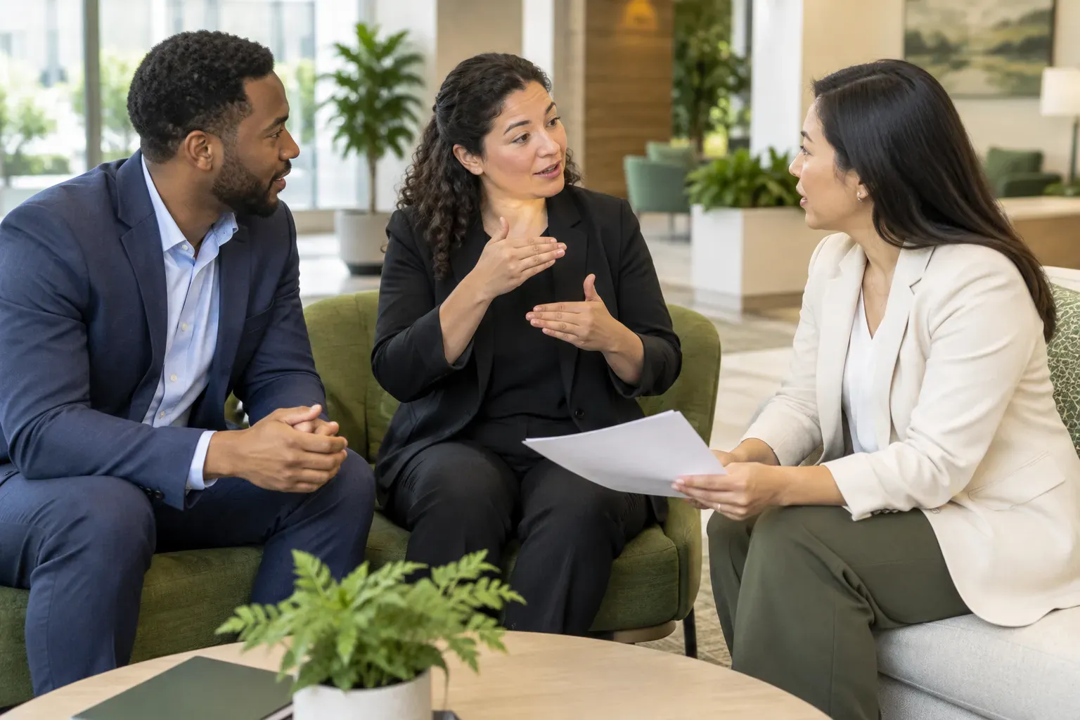 Two colleagues communicating via an interpreter during a networking session in a modern office foyer.