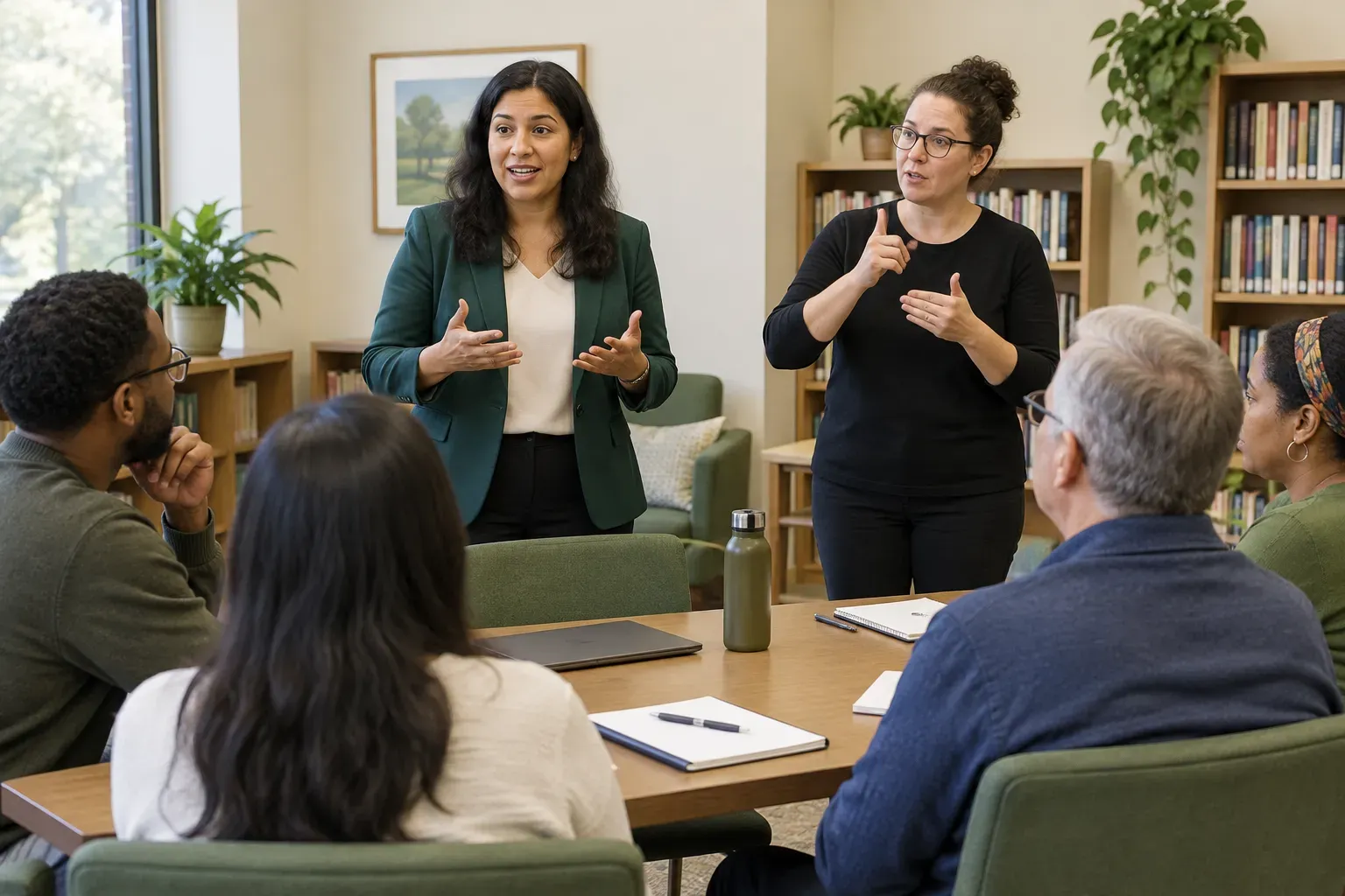 A professional interpreter facilitating a group discussion at a local community library table.