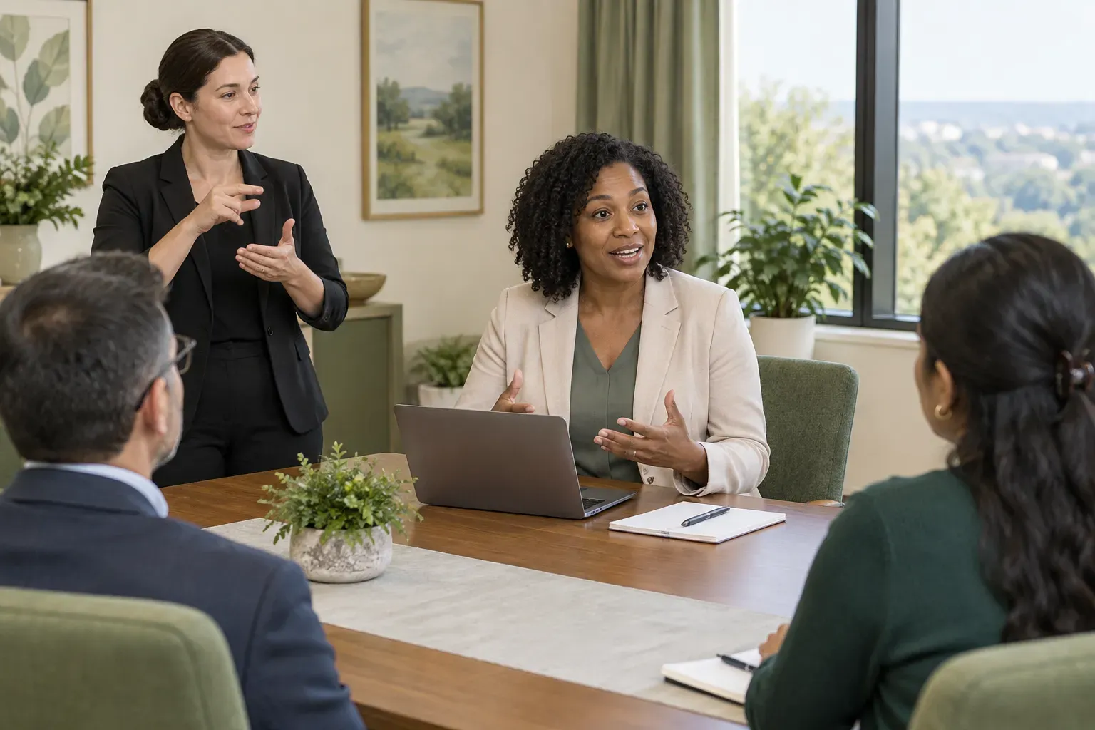 Professional interpreter standing to the side of a business presenter at a table