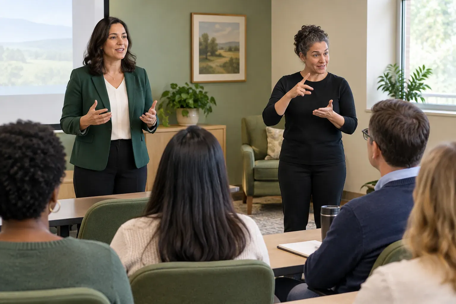 A meeting participant looking toward an interpreter during an information session
