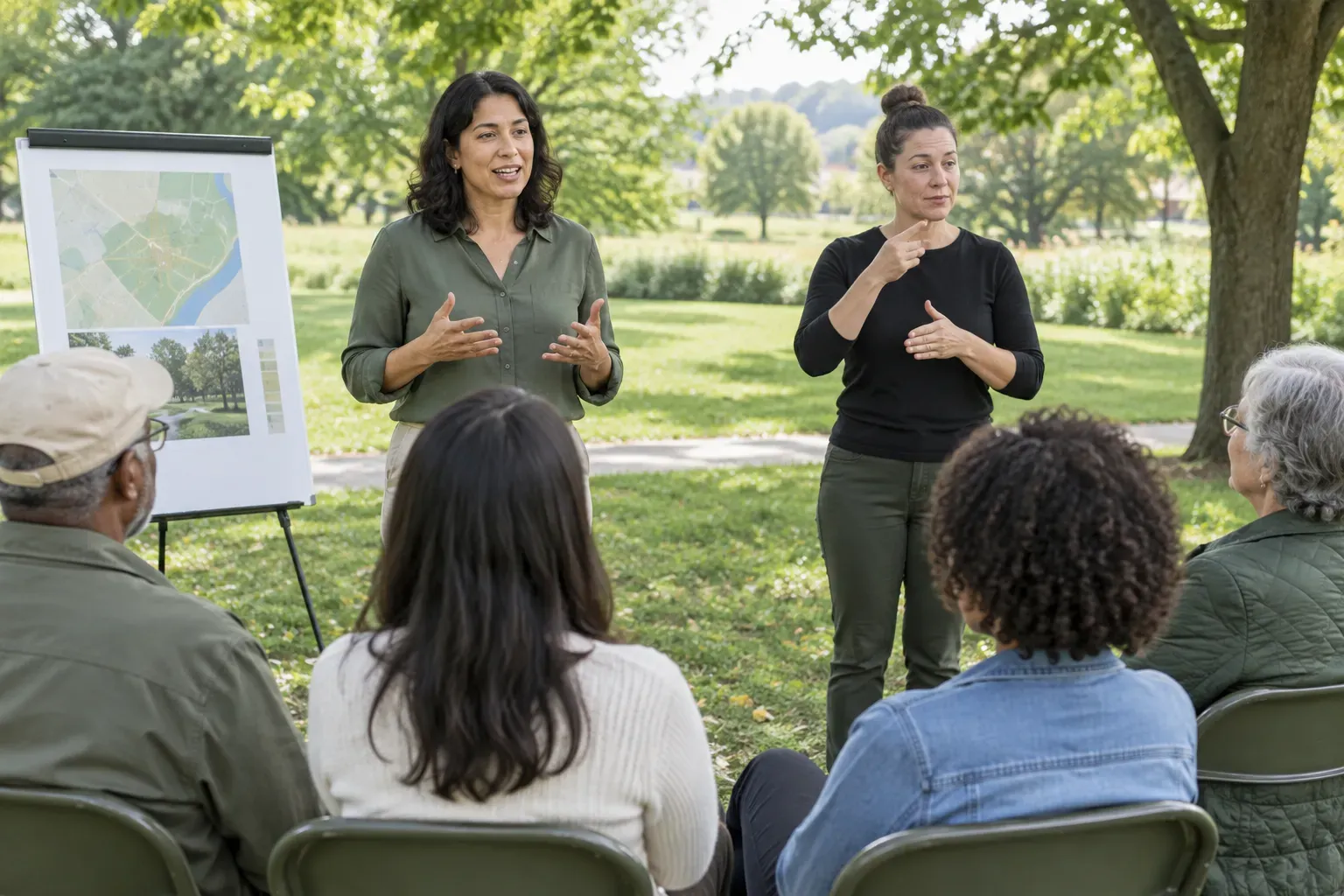 Outdoor meeting in a park with participants seated in a clear line of sight.