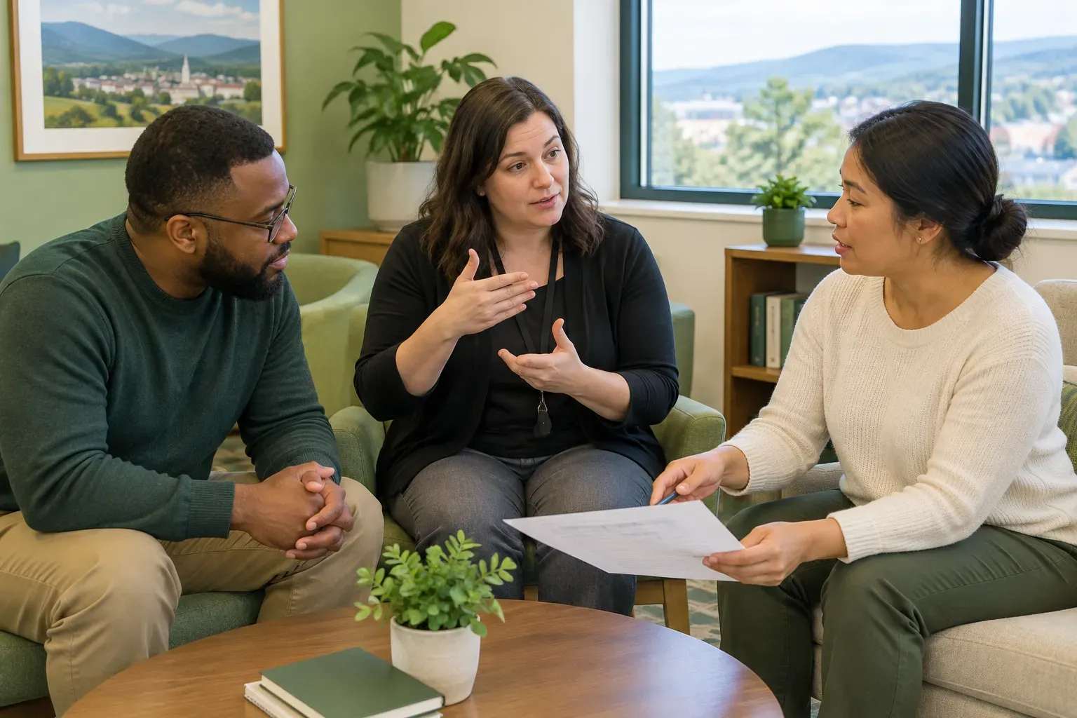 A quiet and organized community room space suitable for a focused presentation or workshop session.